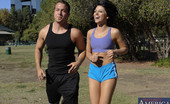 Naughty America Adriana Chechik 33810 Adriana is out running four miles with her trainer Chad. At the three mile mark Adriana complains that she can't go on anymore. Chad looks around for a fountain and miraculously there is not a water fountain at that park although, Chad's house i