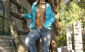 Amour Angels Dasha BLUE ANGEL 105878 Girl wearing a blue coatee and jeans on her naked body flaunts her natural breasts