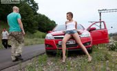 Amour Angels Karry CHIC 106837 Gorgeous short haired teen beauty stripping and spreading legs outdoor near the red car.