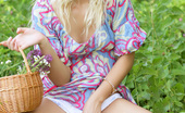Amour Angels Angelina SUMMER WALK 106864 Gorgeous blonde teen chick with a basket of peaches taking off clothes outdoor on the nature.