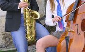 Club Seventeen 116796 Brunette teen girl blowing on her horny instrument outdoor
