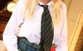 Only Opaques Holly Gibbons 174464 Kinky Blonde College Girl Teases Her Way Out Of Her Black Sweater And Green Tartan Miniskirt To Reveal Her Stunning Body In White Hold Ups.
