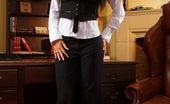 Only Secretaries Jamie A Stunning Brunette In Black Trousers A Wasitcoat And Tight White Shirt.
