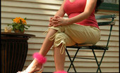 Tasty Trixie Slutty Marabou Sandals 205721 Buxom Brunette In Tight Pants & High-Heel Sandals Strips Outside.
