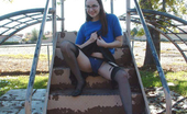 Amber Lily 228462 Nerdy AmberLily Flashes Stockings, Sheer Panties & Pussy On A Playground.
