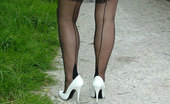 Stiletto Girl 230707 Outdoors In White Stiletto Heels (Cathy4)
