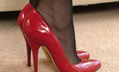 Stiletto Girl 230926 Alison Is Dressed To Impress In Her Shiny Black Dress And Red Stilettos
