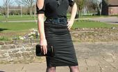 Stiletto Girl 230953 Gorgeous Blonde Demi Catches Some Sun Out And About, Wearing A Pretty Black Blouse And Skirt, With Matching Tall Stilettos
