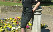 Stiletto Girl 230953 Gorgeous Blonde Demi Catches Some Sun Out And About, Wearing A Pretty Black Blouse And Skirt, With Matching Tall Stilettos
