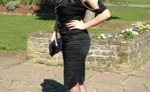 Stiletto Girl 230953 Gorgeous Blonde Demi Catches Some Sun Out And About, Wearing A Pretty Black Blouse And Skirt, With Matching Tall Stilettos
