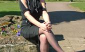 Stiletto Girl 230953 Gorgeous Blonde Demi Catches Some Sun Out And About, Wearing A Pretty Black Blouse And Skirt, With Matching Tall Stilettos
