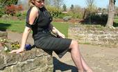 Stiletto Girl 230953 Gorgeous Blonde Demi Catches Some Sun Out And About, Wearing A Pretty Black Blouse And Skirt, With Matching Tall Stilettos
