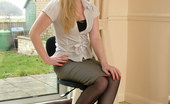 Stiletto Girl 230979 Sexy Blonde Secretary Toni Shows You Around Her Home Office In A Pair Of Black Nylons And Cream Stilettos
