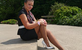 Stiletto Girl 230995 Sexy Karen Gets Some Hot Sun On Her Shiny Nylon Legs And Perfect White Stilettos
