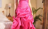 Only Silk And Satin Floor Length Prom Dress And Tan Stockings. Pretty Blonde Looks Amazing In Her Bright Pink
