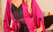 Only Silk And Satin Liana Lace 234843 Liana In Striking Pink Silk Gown With Black Teddy And Black Pantyhose
