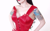 Gothic Sluts Domiana 236144 Ivory Skinned Tattooed Goth In Red Fuck Me Dress
