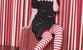 Gothic Sluts Kendra 236153 Girl Plays Innocent In Lace Dress Stripe Stockings
