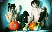 Gothic Sluts Melissa Seamonster & Shadoww Cumbie 236305 Hot Petite Naked Emo Goth Girls Carving Pumpkins Together
