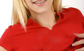 Nubiles Leah 251820 Look At Leah In Bright Red With Her Blonde Hair Down Smiling Big In Braces
