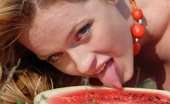 Showy Beauty Gabriel Watermelon Juicygirl Cute Redhead With A Perfect Body Playfully Eats Melon Outdoors And Shows Off Her Amenities.

