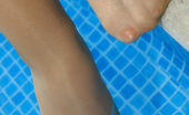 Pantyhose Angel Blonde In Shiny Pantyhose At Swimming Pool
