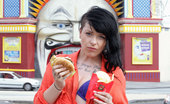 Girls Out West Quinn Junk Food 303944 Quinn Loves Greasy Hamburgers, Salty Fries And Light Retro Panties. Wandering The Streets Aimlessly With A Handful Of Burger, She'S Looking For A Place To Get Down And Masturbate!