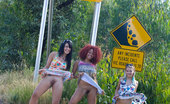 Girls Out West Northern Girls 304118 Along A Dangerous Road, Thru Burnt Out Bushalnds, Where Bush Fires Once Raged, 3 Northern Girls, From England Stop Traffic With Their Upskirt Antics.