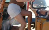 TAC Amateurs Old Car 318802 Examining An Old Car - Wearing Pantyhose, A Very Mini Skirt And Sexy Silk Blouse - Enjoy The View As I Climb And Bend An

