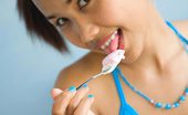 Lily Koh Strawberry Shake NN Lily Uses Her Delicate Asian Tongue To Lick Cream On Lips
