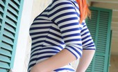 Lucy V 376607 Teasing In Her White And Blue Striped Body Suit
