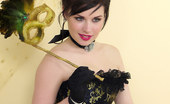 Pin-Up Wow 417815 Heavenly Brunette Model In Corset And Black Seamed Stockings Teases You.
