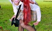 Cuties In Tights 427195 Teeny Poses In Black Hose With No Undies Outdoors
