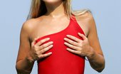 In Focus Girls 434756 Sharon Red One-Piece Watch Stunning Angelic Blonde Touch Herself In The Pool
