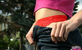 Jeans And Panties 438247 Jeans And Panties Naughty Brunette Flashes Her Ass In Public, Revealing Red Satin Panties
