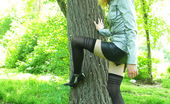 Nylon Passion 442749 Teen Girl Shows Stockings Outdoor Teen Blonde Dakota Wears Black Stockings And Goes Outdoor To Show Them On The Forest Clearing
