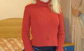 Nylon Passion 443046 Sweater Slut Hot Blonde In Red Bodystocking And Sexy Sweater
