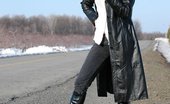 Smoking Mina 477968 Badass Babe In Long Leather Coat Smoking A Ladylike Capri 120 Smoking Mina
