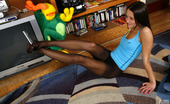 Nylon Feet Line 482708 Stella Bouncy Babe Handles A Remote With Her Yummy Feet In Reinforced Toe Tights Nylon Feet Line
