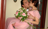 Love Nylons 492780 Gertie & Christopher Impatient Bride In A Pink Wedding Dress And Pinkish Stockings Going Down Love Nylons
