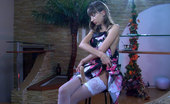 Lacy Nylons 493534 Florence Dark-Haired Smoker Dildo Toying In Her Floral Dress And White Lacy Nylons Lacy Nylons
