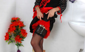 Lacy Nylons 493574 Alice Dazzling French Maid In Red-N-Black Uniform With Matching Black Lacy Nylons Lacy Nylons
