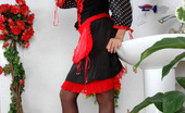 Lacy Nylons 493574 Alice Dazzling French Maid In Red-N-Black Uniform With Matching Black Lacy Nylons Lacy Nylons
