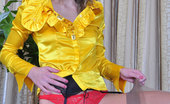Lacy Nylons 493884 Stella Lean Babe Wearing Her Ultra Sheer Nylons With Bright Red-And-Yellow Attire Lacy Nylons
