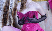 Lacy Nylons 493959 Dominica Gloved Babe In A Chic Frilly Gown With Pink Nylons And A Matching Suspender Lacy Nylons
