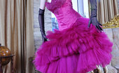 Lacy Nylons 493959 Dominica Gloved Babe In A Chic Frilly Gown With Pink Nylons And A Matching Suspender Lacy Nylons
