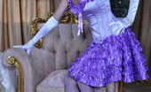 Lacy Nylons 494001 Madeleine Dressy Hottie Strips To Her Retro Style White Garter Belt And Lilac Nylons Lacy Nylons
