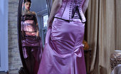 Lacy Nylons Biddy Glamour Babe Strips Her Long Evening Gown Revealing Pink Satin Top Nylons Lacy Nylons
