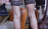 Lacy Nylons 494019 Charlotte Pretty Girl Trying On Different Dresses With Her Dark Lace Top Stockings Lacy Nylons
