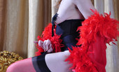 Lacy Nylons 494039 Ninette Dazzling Variety Show Girl Changing Out Of Her Smashing Red-N-Black Nylons Lacy Nylons
